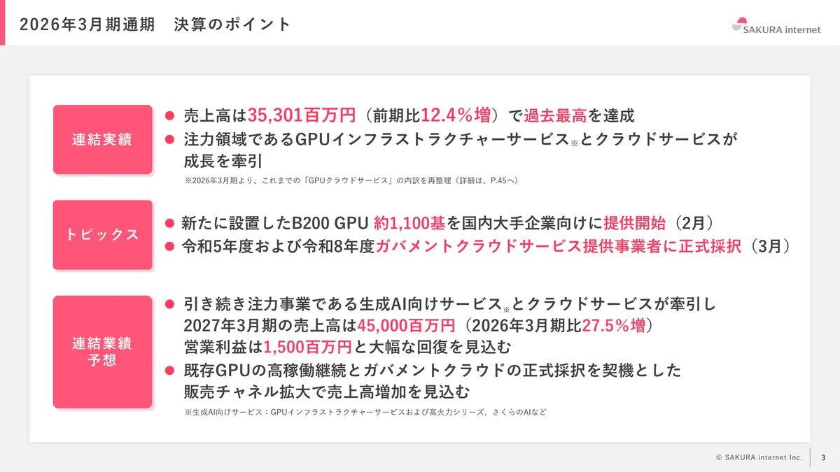 さくらインターネット株式会社「2026年3月期 期末 決算説明資料」3 ページ目
